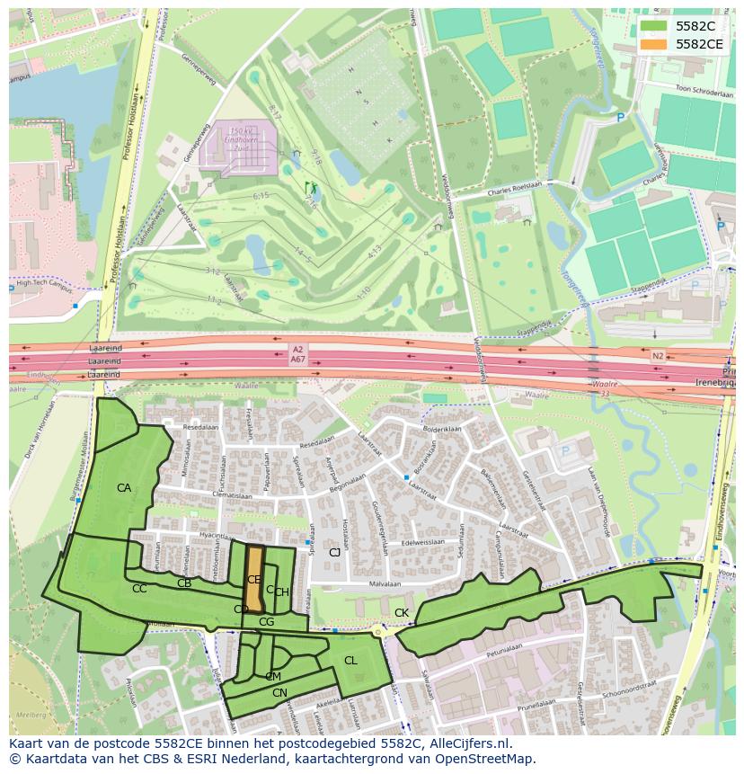 Afbeelding van het postcodegebied 5582 CE op de kaart.