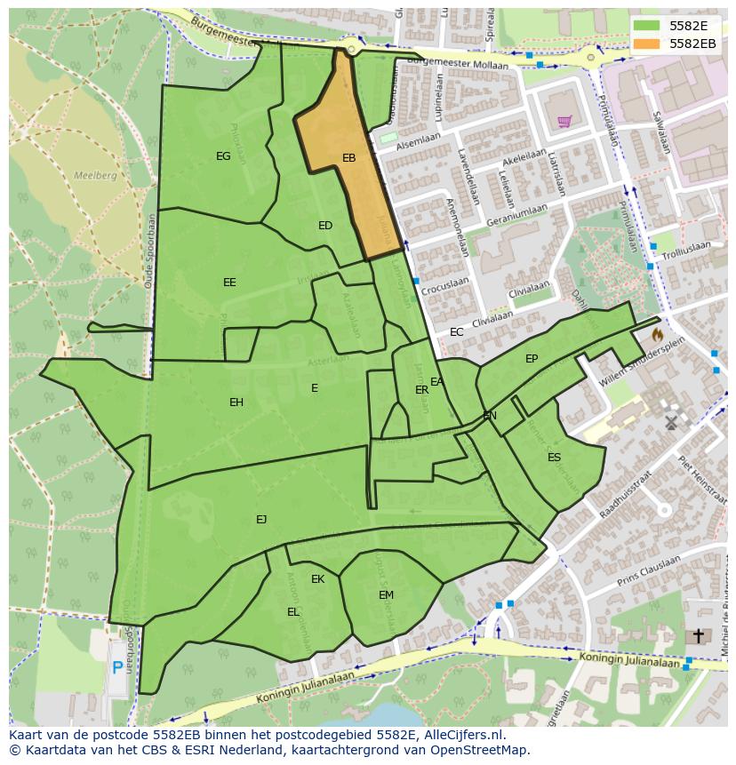 Afbeelding van het postcodegebied 5582 EB op de kaart.