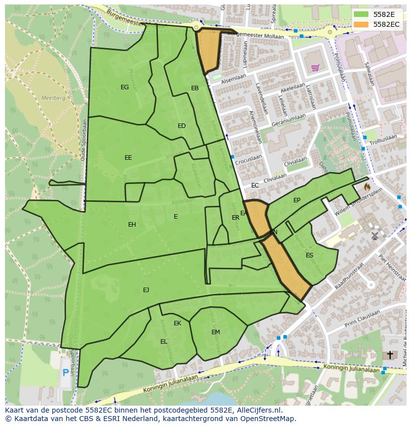 Afbeelding van het postcodegebied 5582 EC op de kaart.