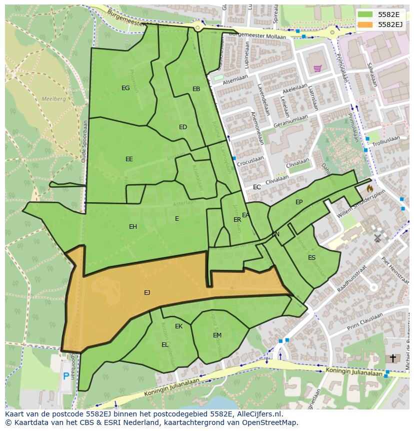 Afbeelding van het postcodegebied 5582 EJ op de kaart.
