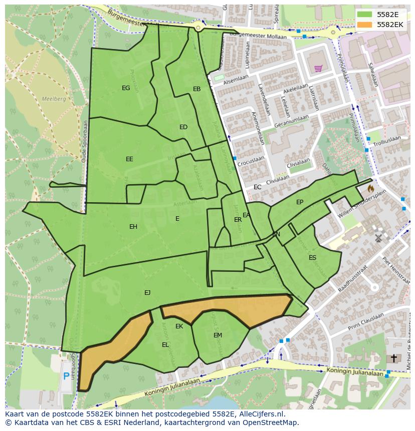 Afbeelding van het postcodegebied 5582 EK op de kaart.
