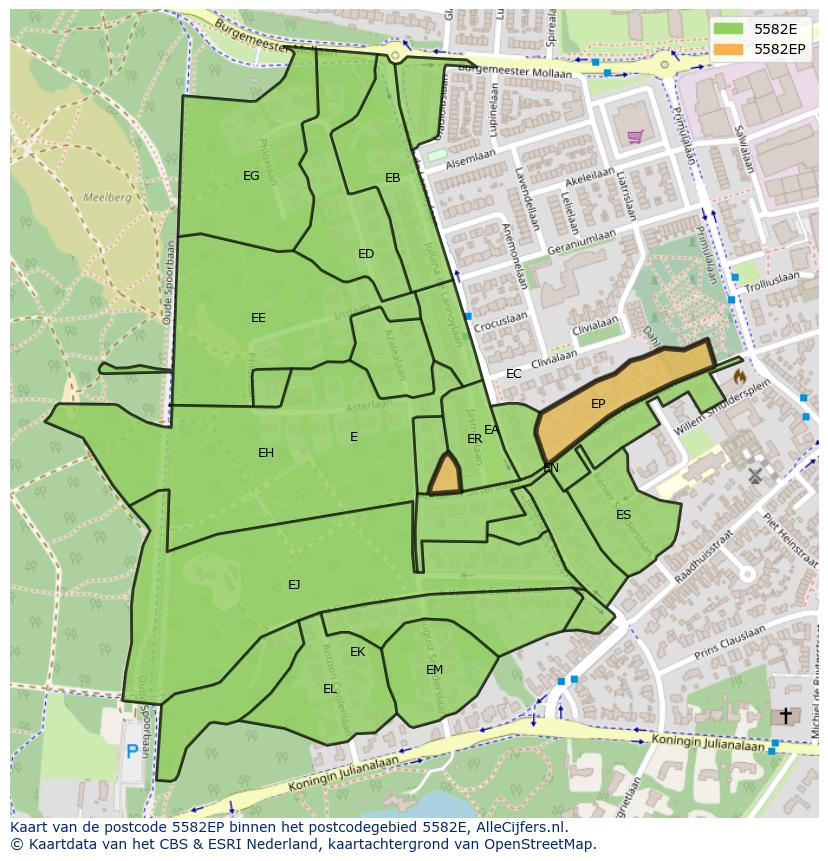Afbeelding van het postcodegebied 5582 EP op de kaart.
