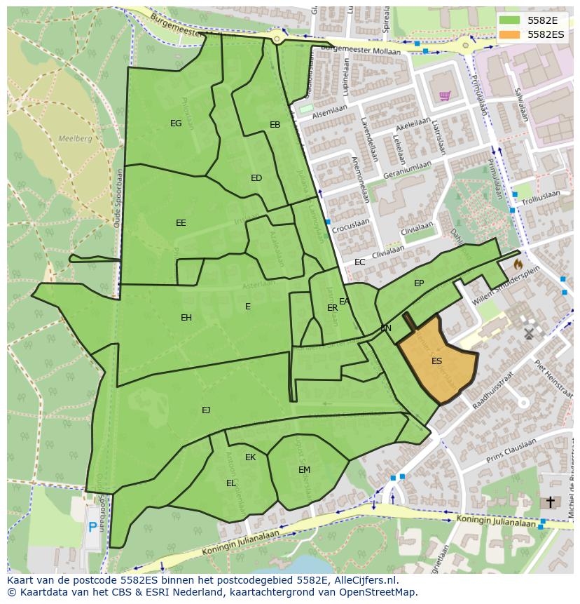 Afbeelding van het postcodegebied 5582 ES op de kaart.