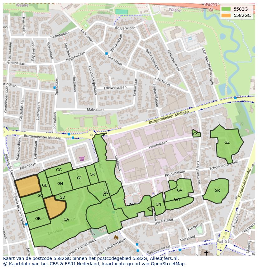 Afbeelding van het postcodegebied 5582 GC op de kaart.
