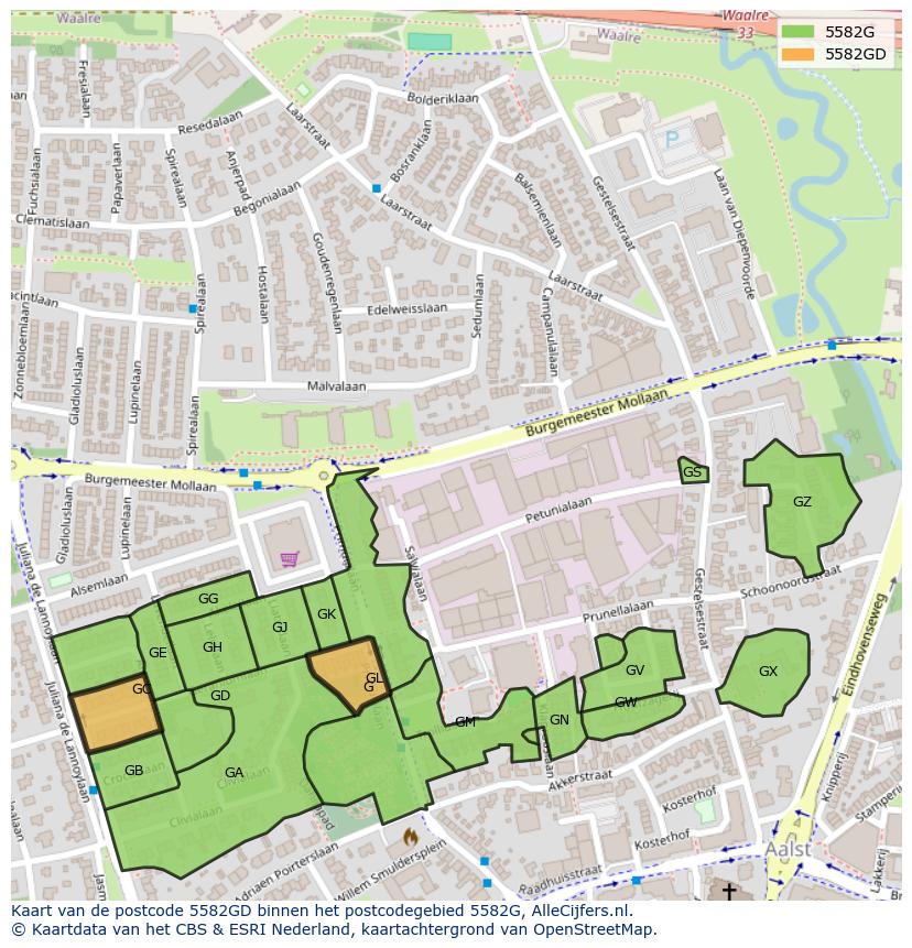 Afbeelding van het postcodegebied 5582 GD op de kaart.