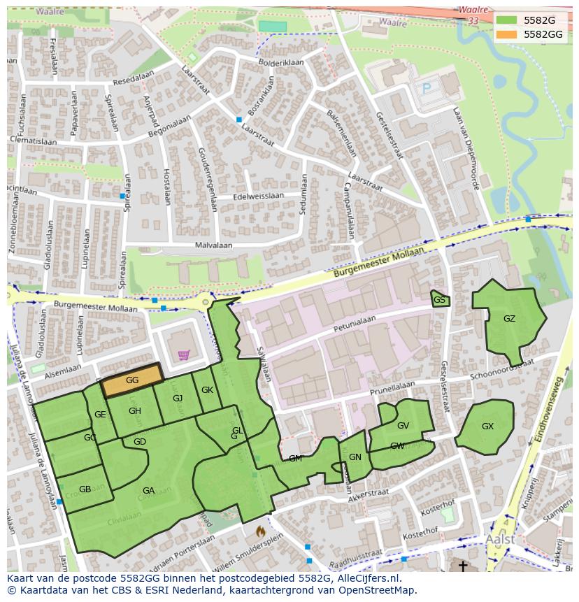 Afbeelding van het postcodegebied 5582 GG op de kaart.