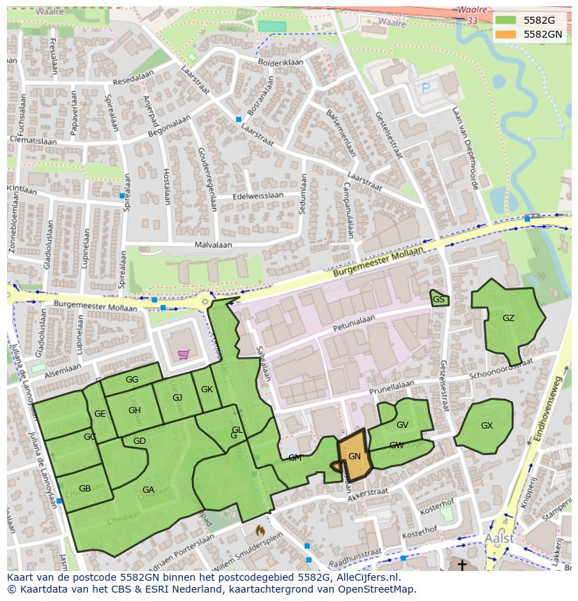 Afbeelding van het postcodegebied 5582 GN op de kaart.