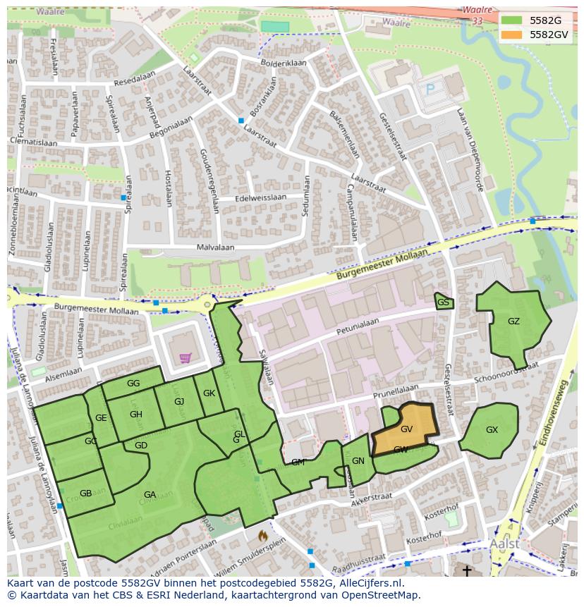 Afbeelding van het postcodegebied 5582 GV op de kaart.