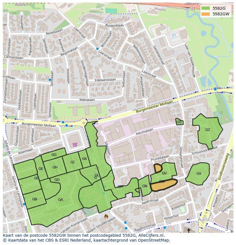 Afbeelding van het postcodegebied 5582 GW op de kaart.