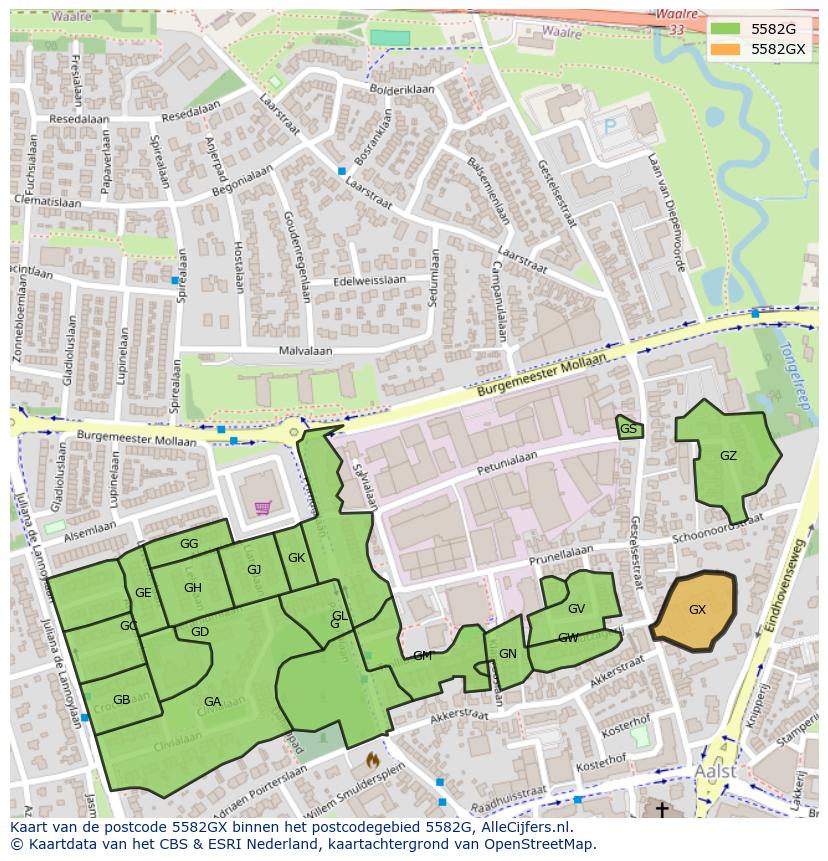 Afbeelding van het postcodegebied 5582 GX op de kaart.