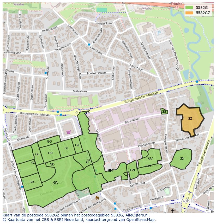 Afbeelding van het postcodegebied 5582 GZ op de kaart.