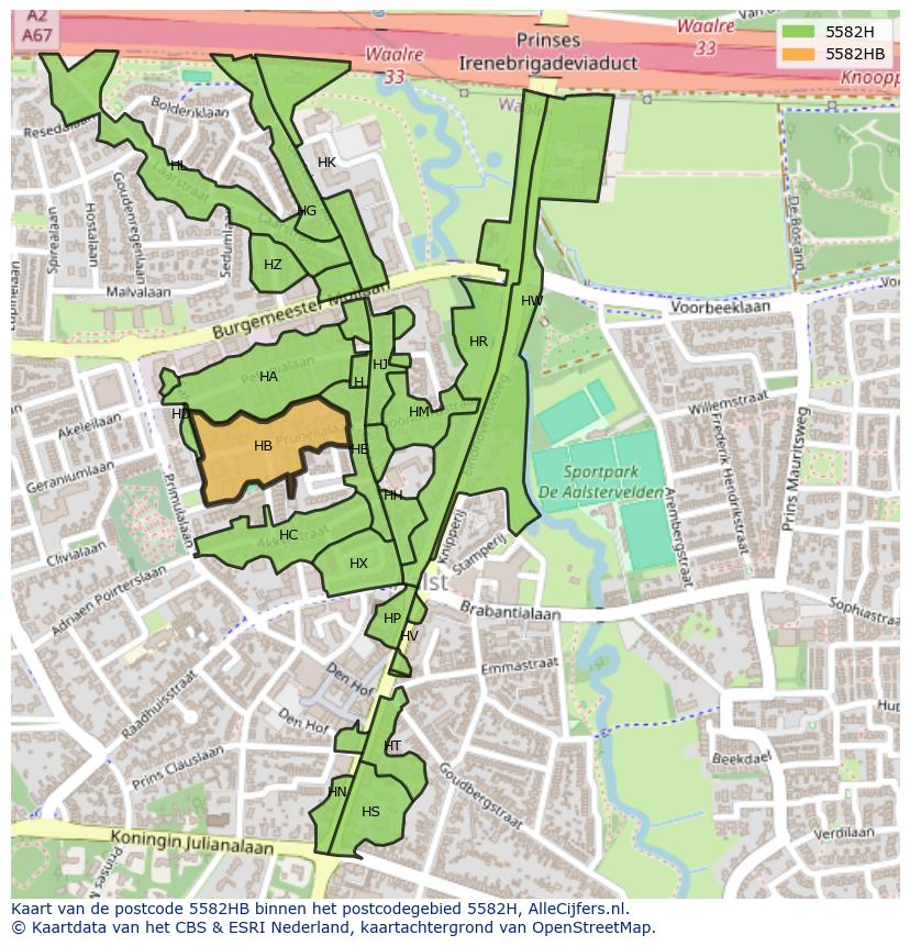 Afbeelding van het postcodegebied 5582 HB op de kaart.