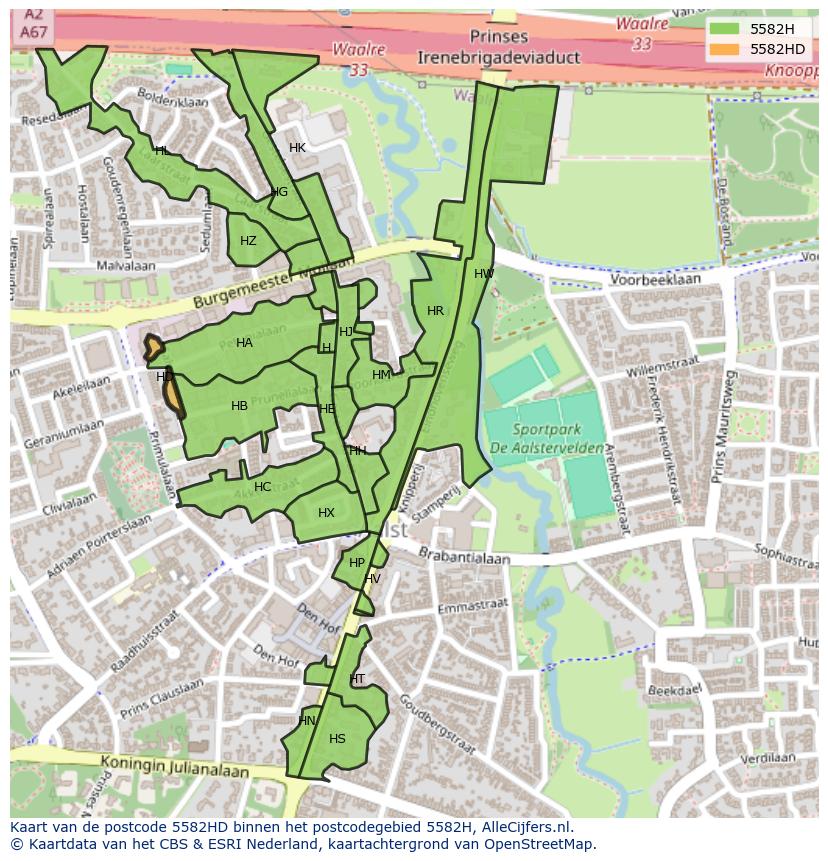 Afbeelding van het postcodegebied 5582 HD op de kaart.