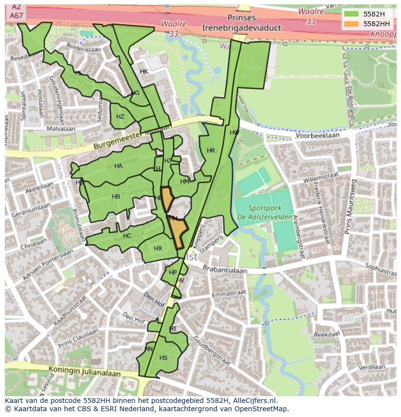 Afbeelding van het postcodegebied 5582 HH op de kaart.