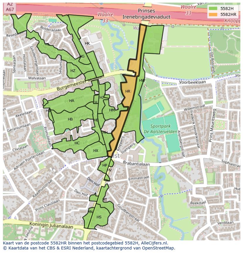 Afbeelding van het postcodegebied 5582 HR op de kaart.