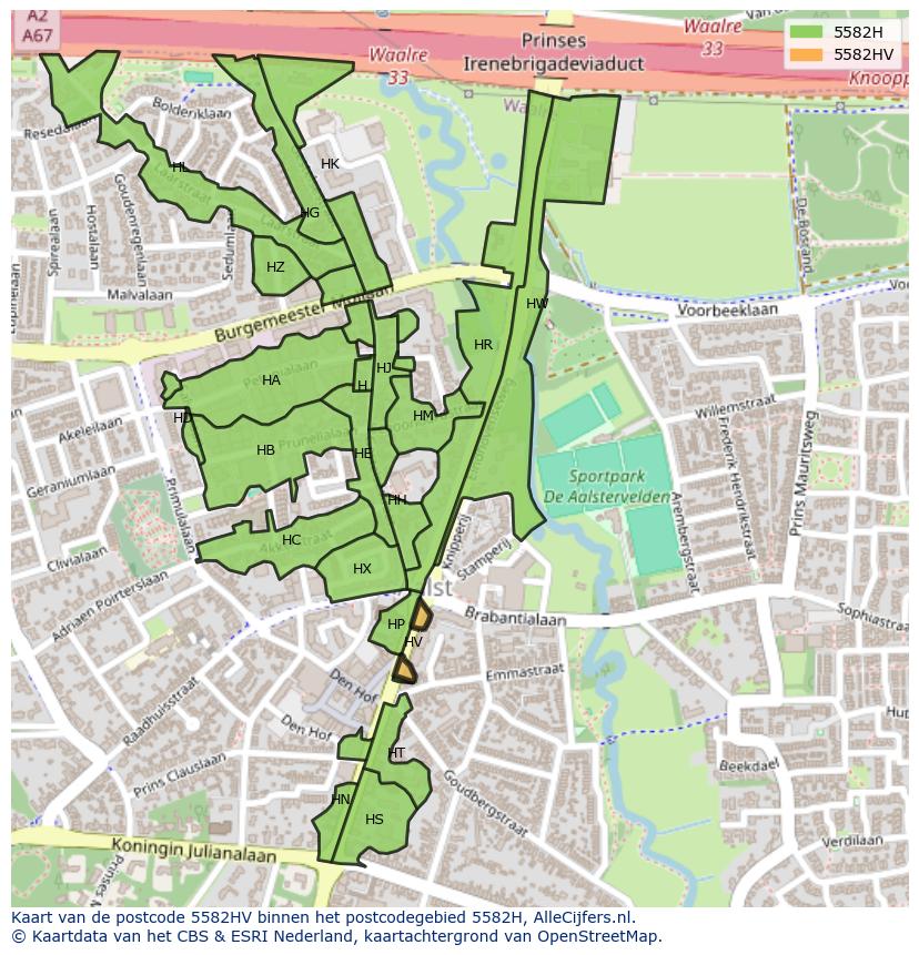 Afbeelding van het postcodegebied 5582 HV op de kaart.