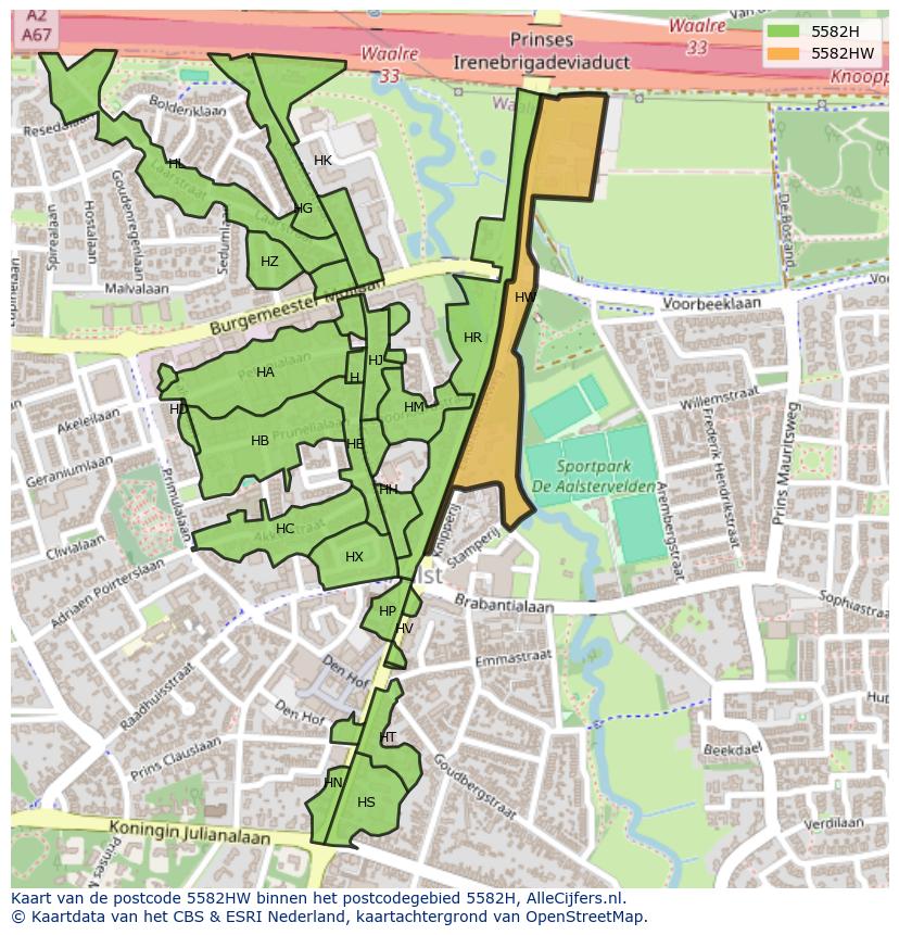 Afbeelding van het postcodegebied 5582 HW op de kaart.