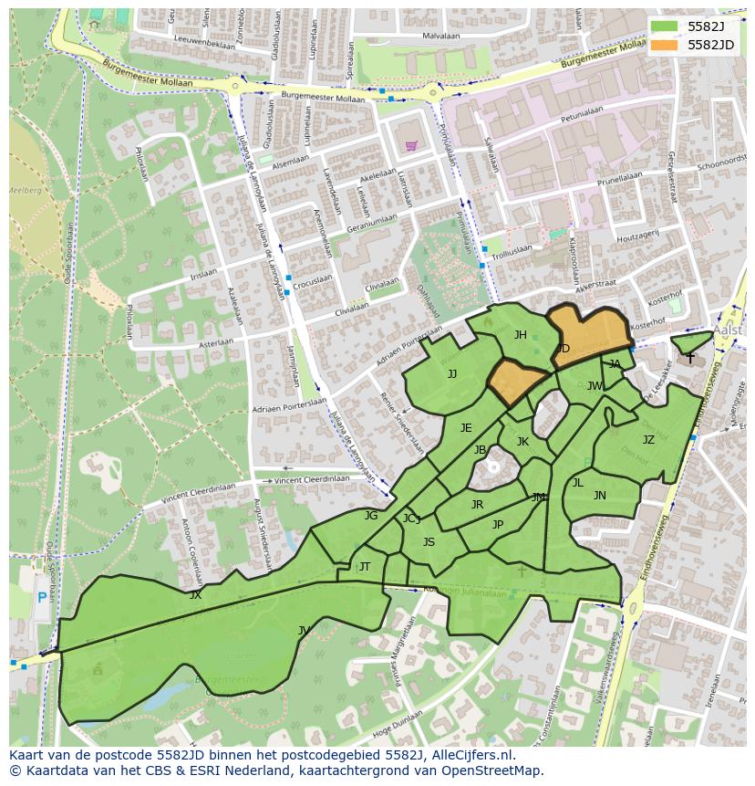 Afbeelding van het postcodegebied 5582 JD op de kaart.