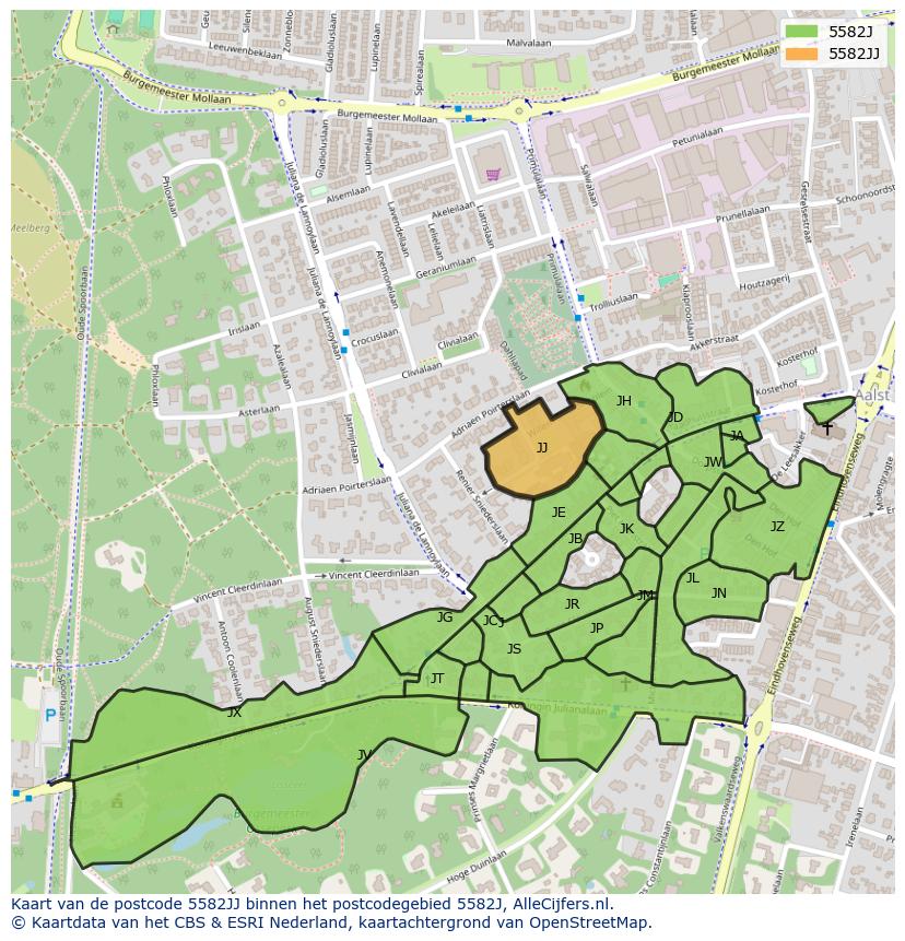 Afbeelding van het postcodegebied 5582 JJ op de kaart.