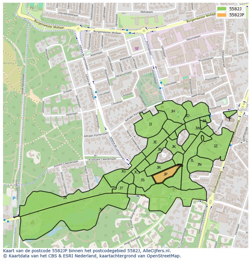 Afbeelding van het postcodegebied 5582 JP op de kaart.