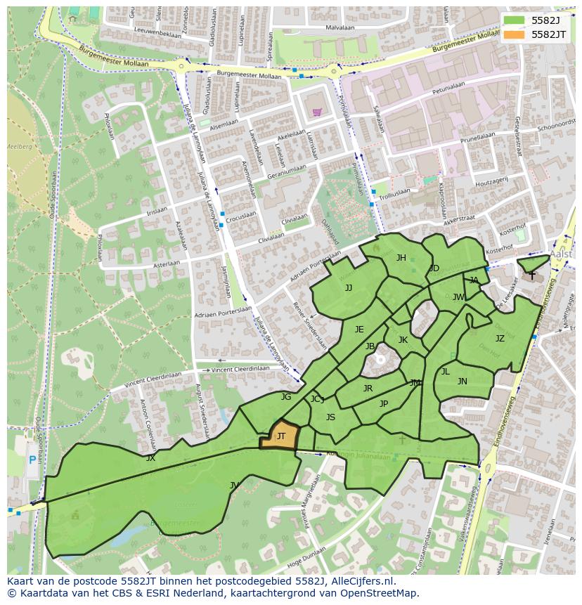 Afbeelding van het postcodegebied 5582 JT op de kaart.