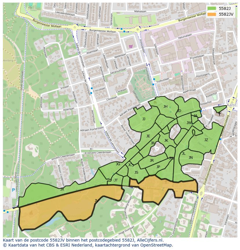 Afbeelding van het postcodegebied 5582 JV op de kaart.