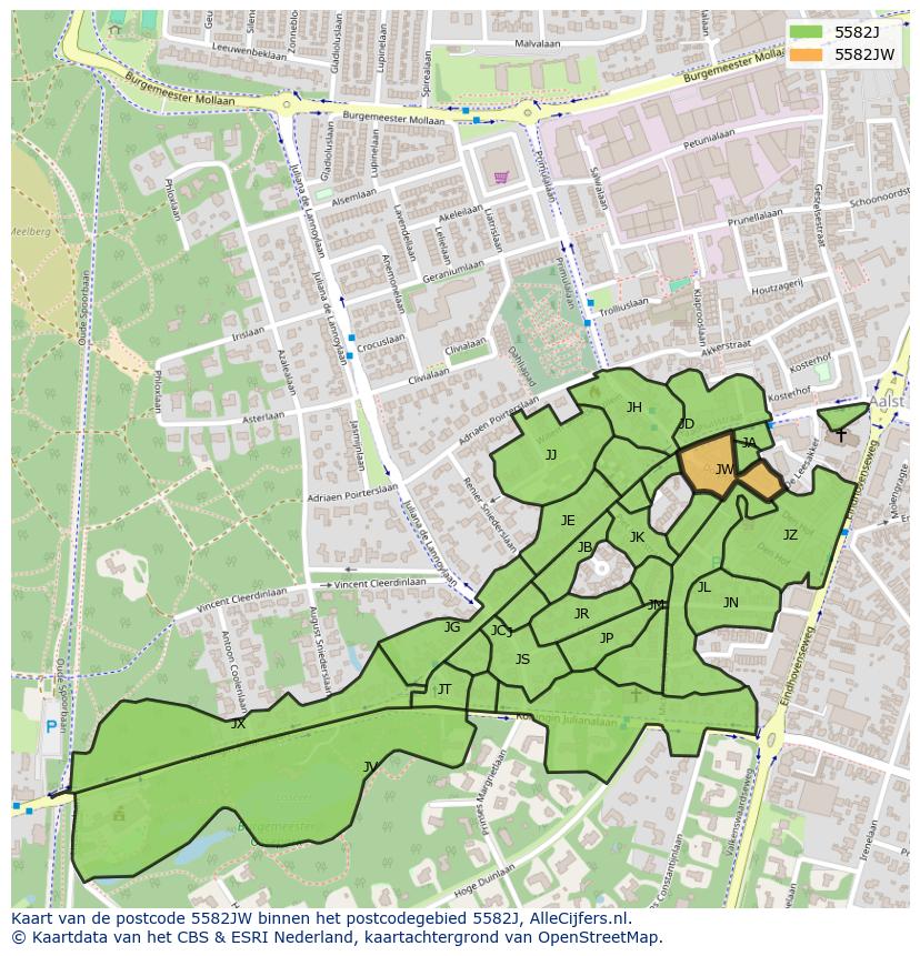 Afbeelding van het postcodegebied 5582 JW op de kaart.