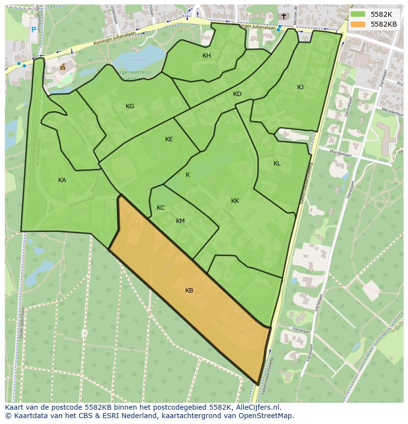 Afbeelding van het postcodegebied 5582 KB op de kaart.