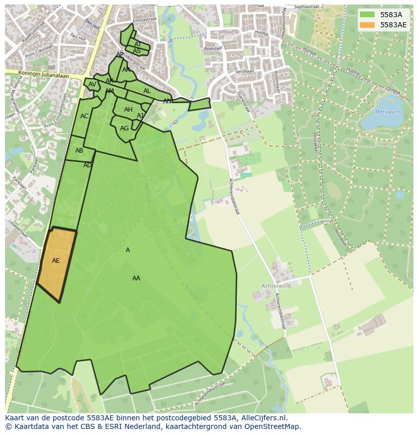 Afbeelding van het postcodegebied 5583 AE op de kaart.