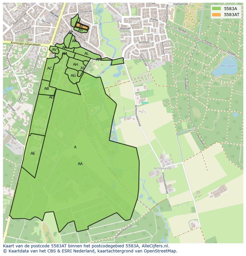 Afbeelding van het postcodegebied 5583 AT op de kaart.