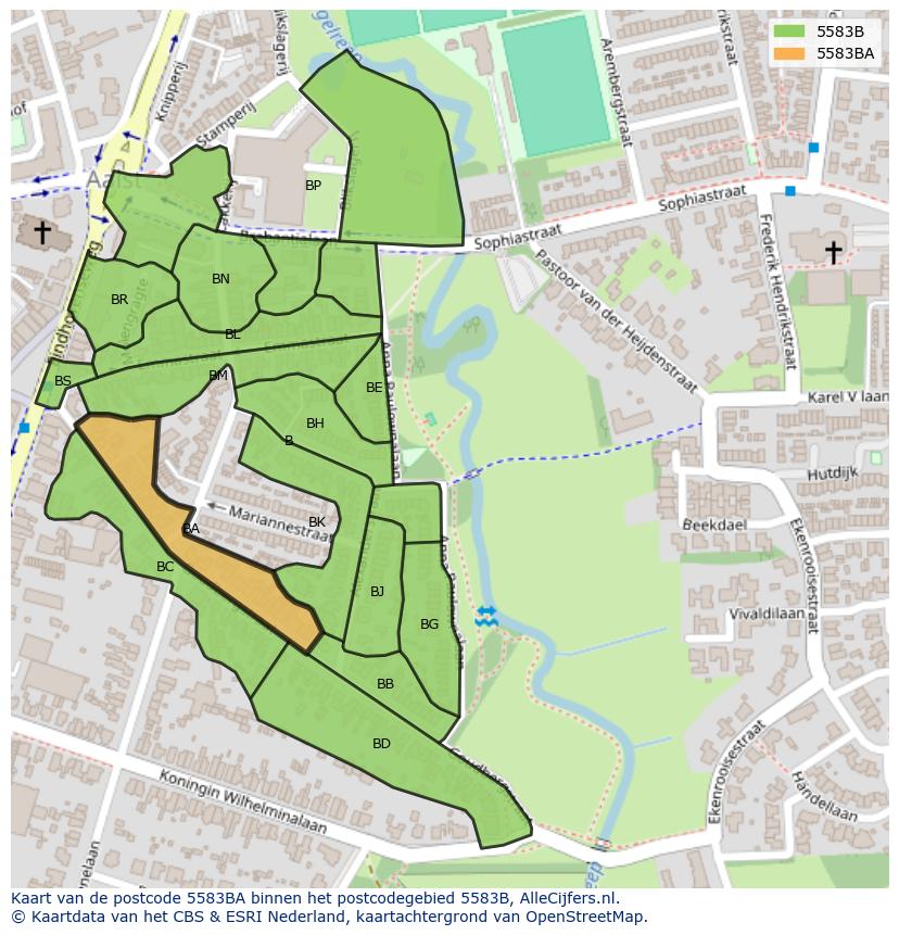 Afbeelding van het postcodegebied 5583 BA op de kaart.