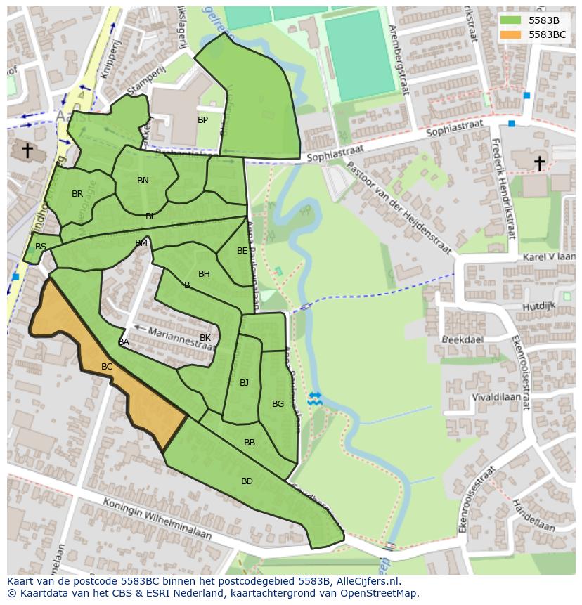 Afbeelding van het postcodegebied 5583 BC op de kaart.