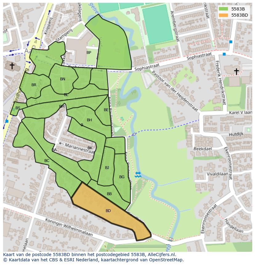Afbeelding van het postcodegebied 5583 BD op de kaart.