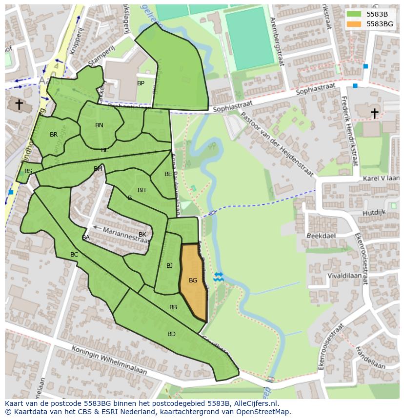 Afbeelding van het postcodegebied 5583 BG op de kaart.