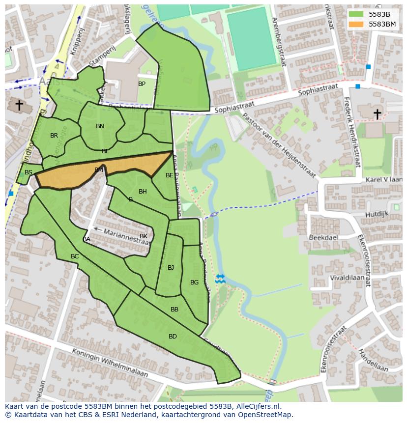 Afbeelding van het postcodegebied 5583 BM op de kaart.