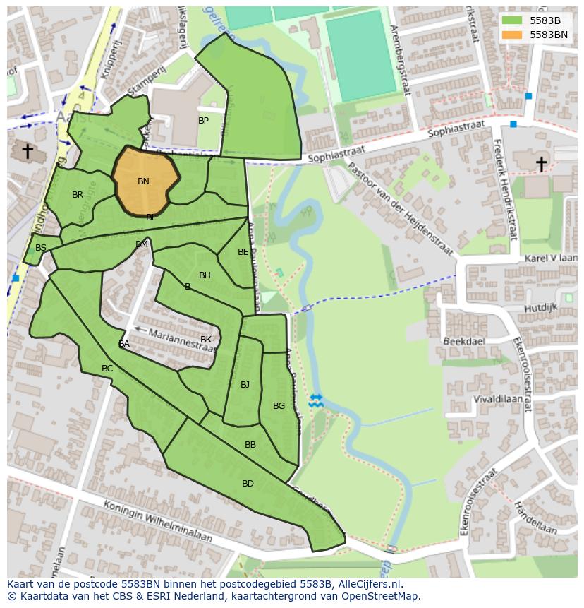 Afbeelding van het postcodegebied 5583 BN op de kaart.