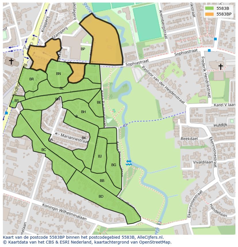 Afbeelding van het postcodegebied 5583 BP op de kaart.