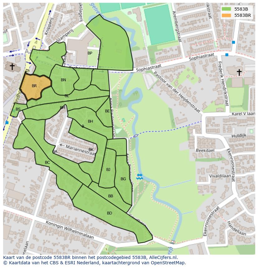Afbeelding van het postcodegebied 5583 BR op de kaart.