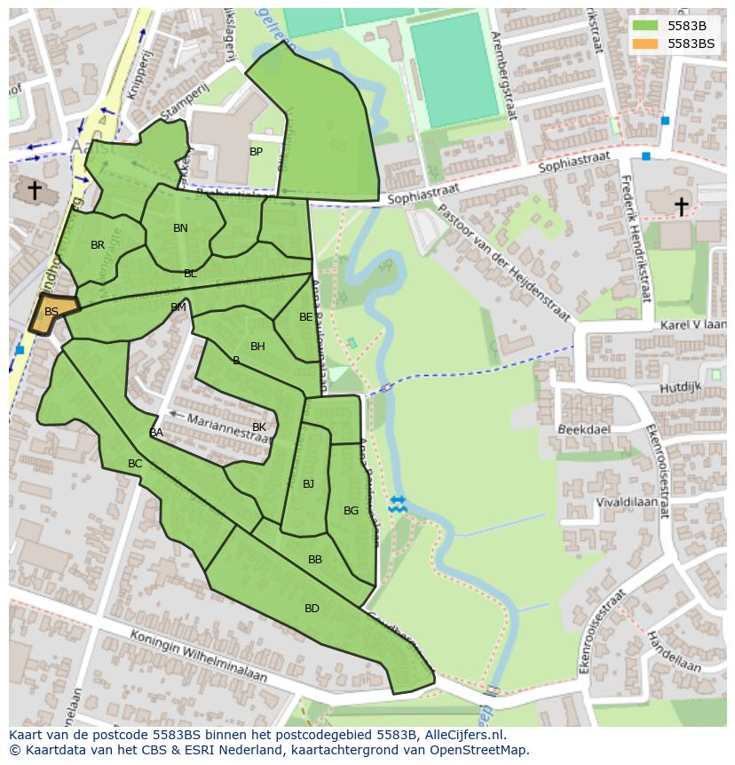 Afbeelding van het postcodegebied 5583 BS op de kaart.
