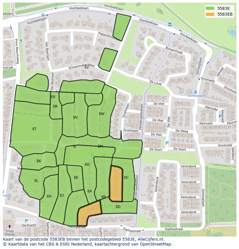 Afbeelding van het postcodegebied 5583 EB op de kaart.