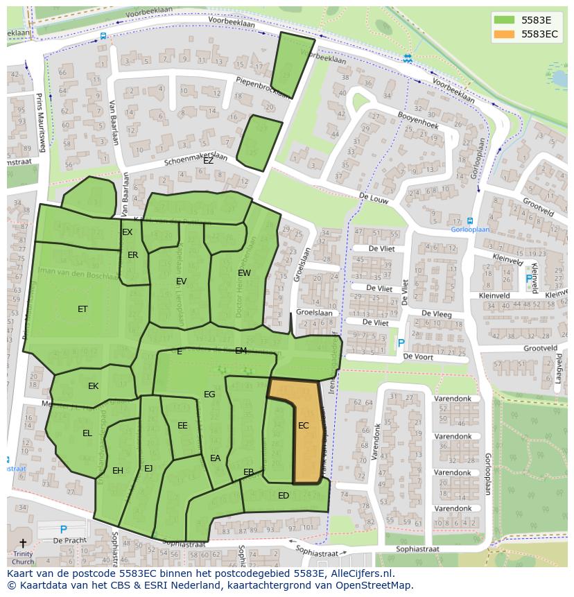 Afbeelding van het postcodegebied 5583 EC op de kaart.