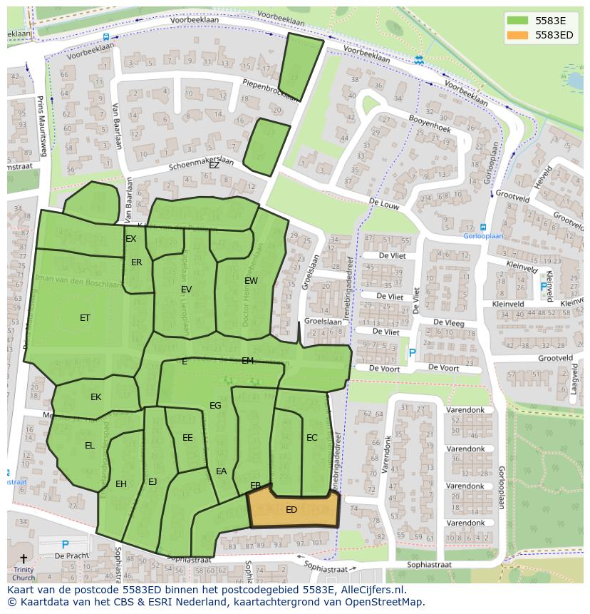 Afbeelding van het postcodegebied 5583 ED op de kaart.