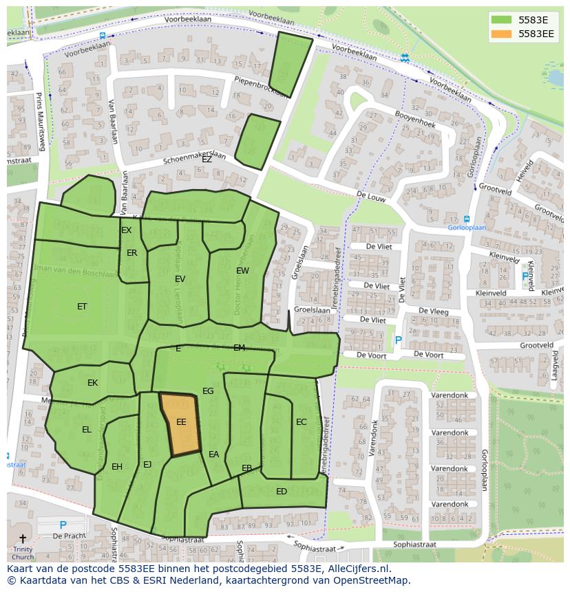 Afbeelding van het postcodegebied 5583 EE op de kaart.