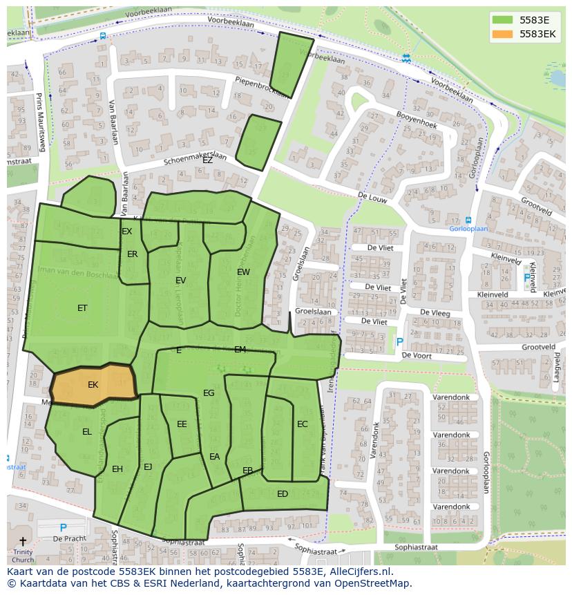 Afbeelding van het postcodegebied 5583 EK op de kaart.
