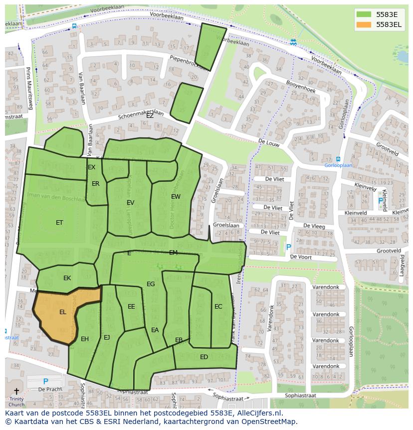 Afbeelding van het postcodegebied 5583 EL op de kaart.