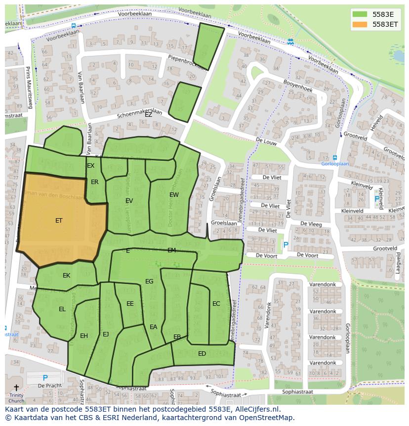 Afbeelding van het postcodegebied 5583 ET op de kaart.