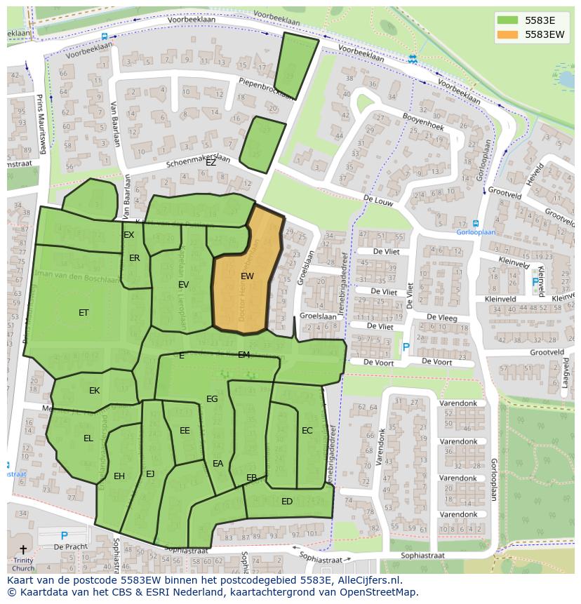 Afbeelding van het postcodegebied 5583 EW op de kaart.