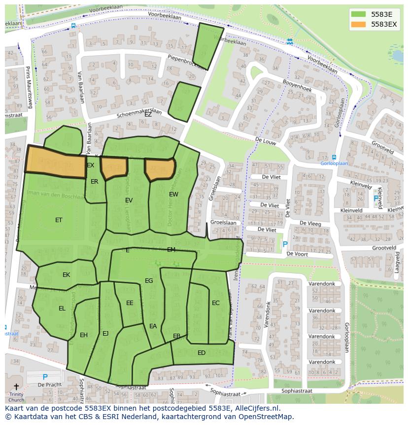 Afbeelding van het postcodegebied 5583 EX op de kaart.