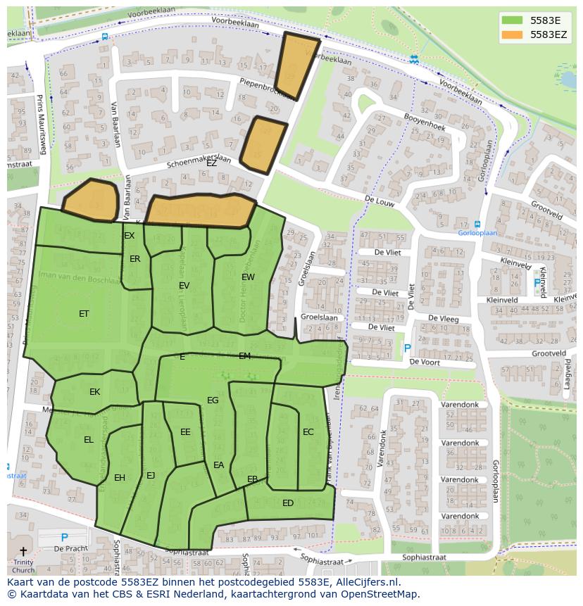 Afbeelding van het postcodegebied 5583 EZ op de kaart.