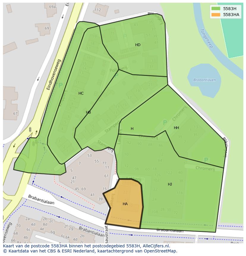 Afbeelding van het postcodegebied 5583 HA op de kaart.